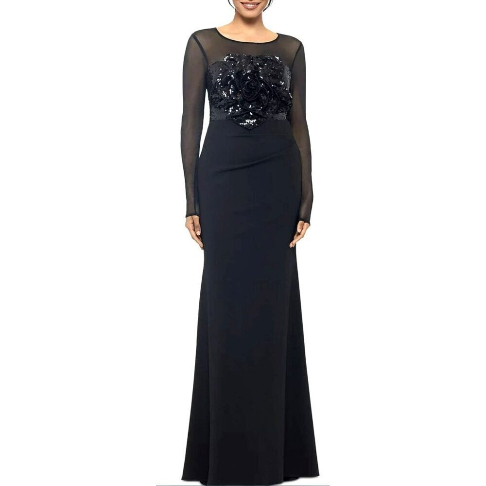 Betsy & Adam Sequin Rosette Mesh Jersey Formal Gown Maxi Dress Size 8